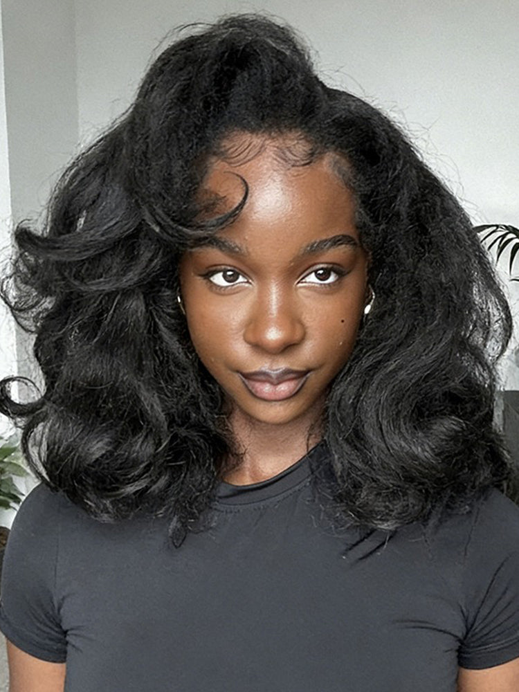 Simidola Glueless New In Pre-Styled Butterfly Cut Layered Kinky Straight U Part Wig Natural Black Human Hair Wigs