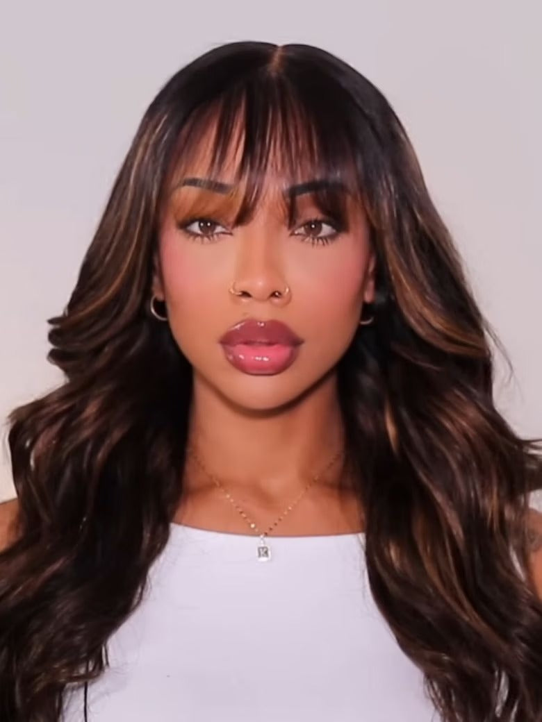 Simidola Glueless Highlight Balayage Color Body Wave With Bangs 7x5 Glueless Wig Pre-cut Lace Wear Go Wig