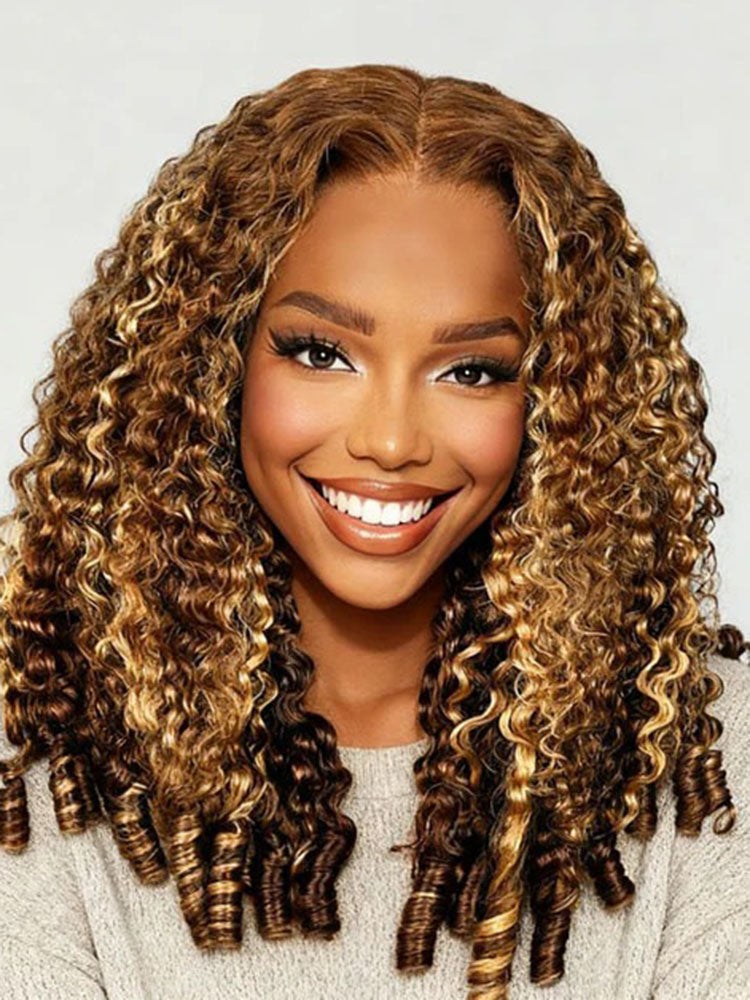 Simidola Glueless 3 In 1 Half Wig | Burmese Curly Highlight 4/27 Color Wear Go Half Wig With Elastic Drawstring Flip Over Wig