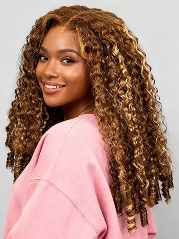 Simidola Glueless 3 In 1 Half Wig | Burmese Curly Highlight 4/27 Color Wear Go Half Wig With Elastic Drawstring Flip Over Wig