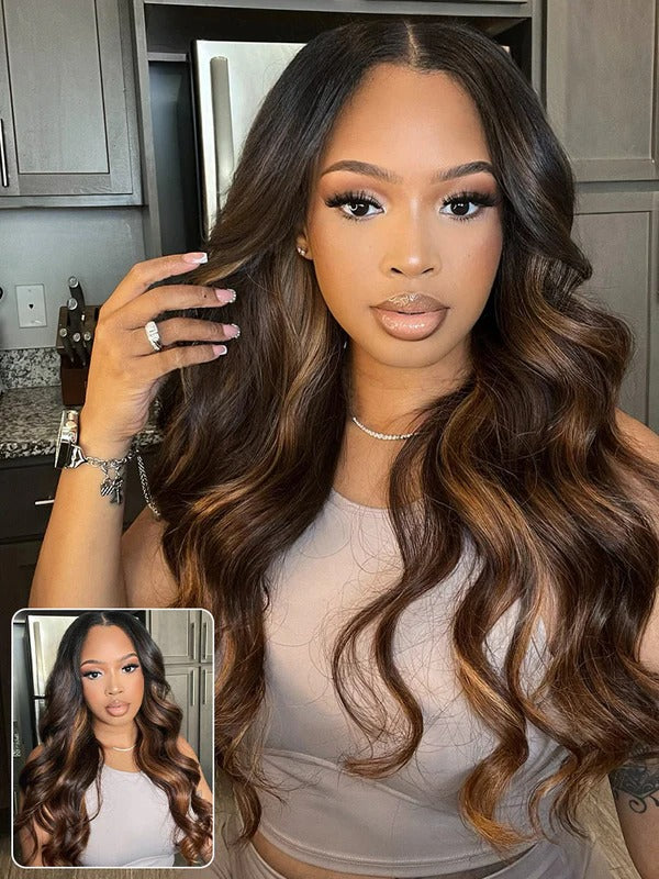 Simidola 13x4 13x6 Lace Highlight Balayage Color Body Wave Glueless Wear Go Wig With Elastic Drawstring