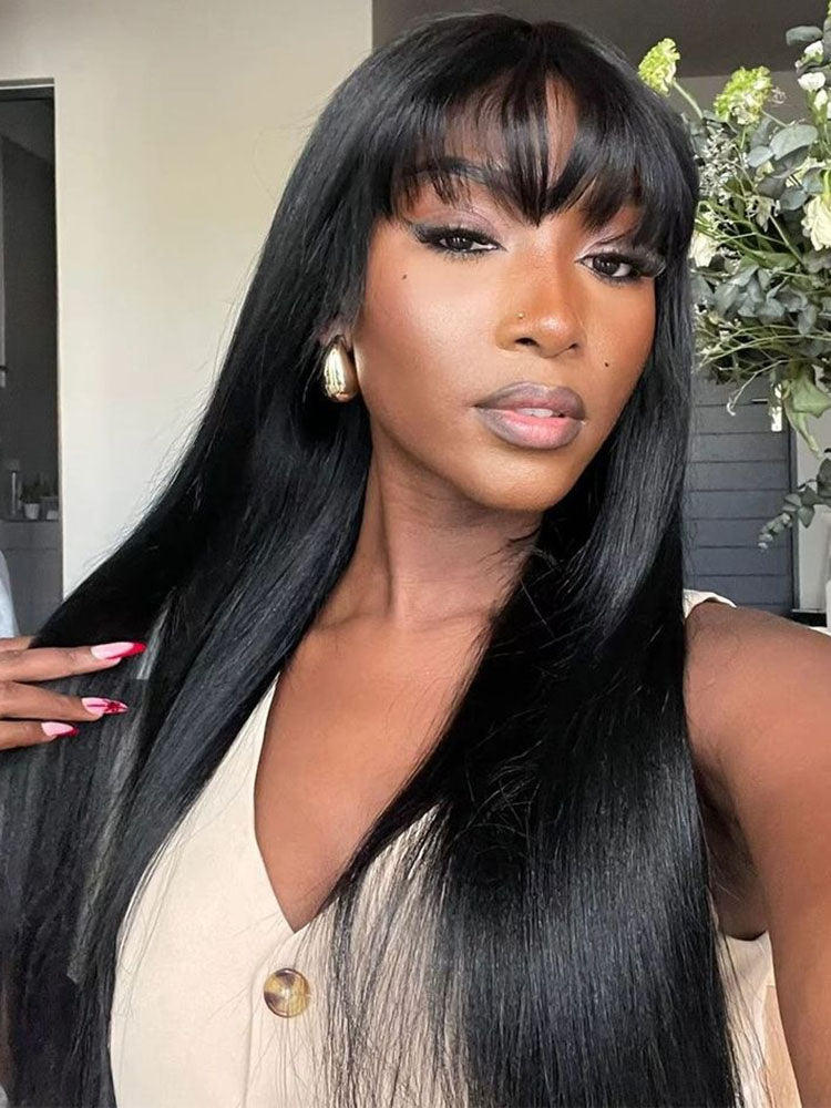 Pre-Everything 7x5 9X6 Straight Hair With Bangs Blunt Cut Soft Face-Framing Bangs Human Hair Wear Go Wig