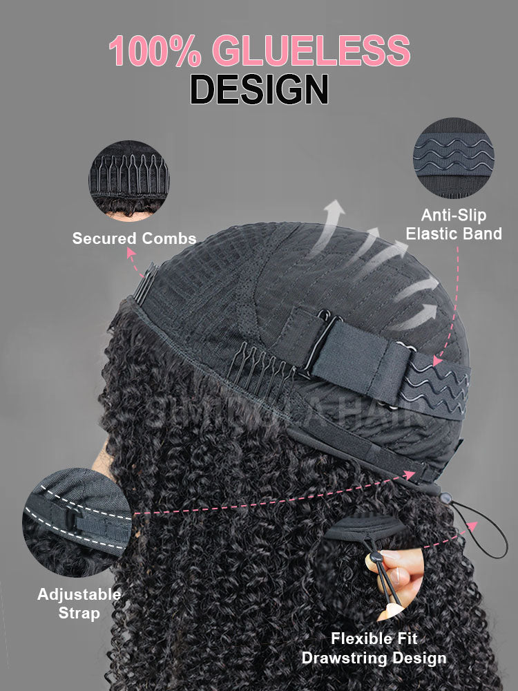 Simidola Glueless New In Pre-Styled Layered Cut Kinky Straight Half Wig Natural Black With Drawstring Invisible Hairline Human Hair Wigs