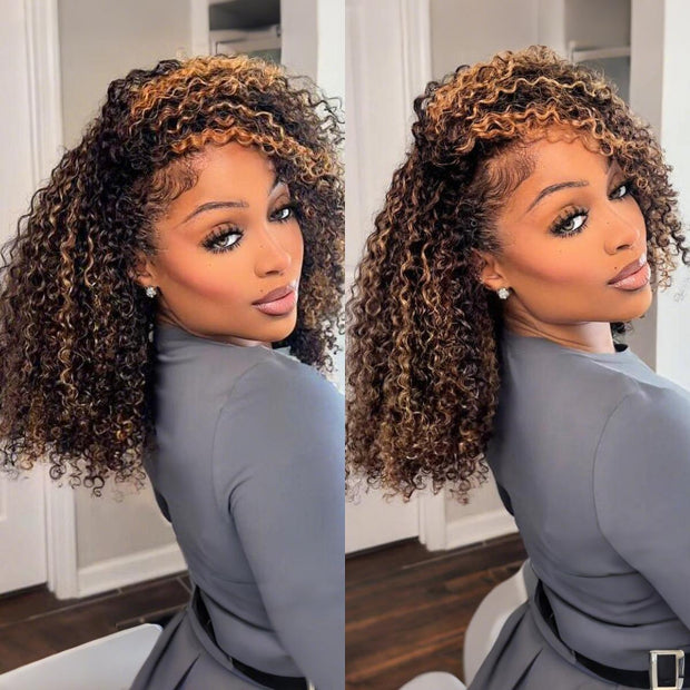 Simidolahair Perruques mi-tête à cordon de serrage 3 en 1, perruques de cheveux humains bouclés crépus avec mèches, perruque réversible