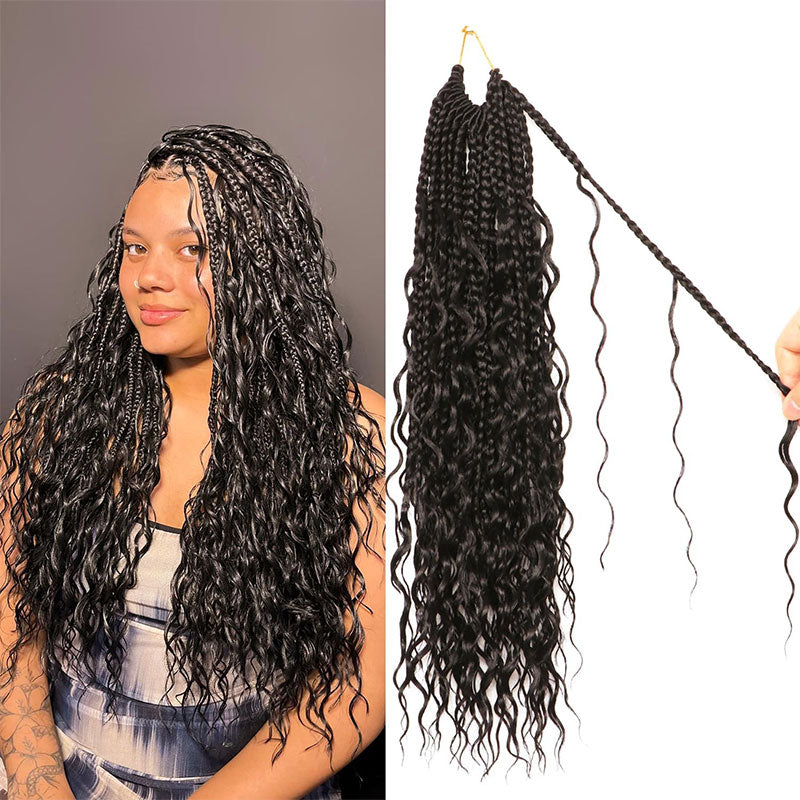 Goddess Boho Box Braids Crochet Hair Pr-Looped With Wave Ends 100% Human Hair Extensions Lightweight Breathable