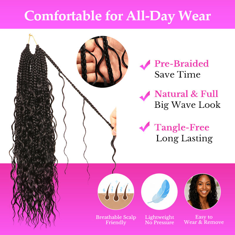 Goddess Boho Box Braids Crochet Hair Pr-Looped With Wave Ends 100% Human Hair Extensions Lightweight Breathable