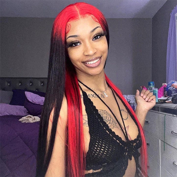 Simidola 4*4/13*4 Lace Demon Red & Black Two Tones Long Straight Human Hair Wig