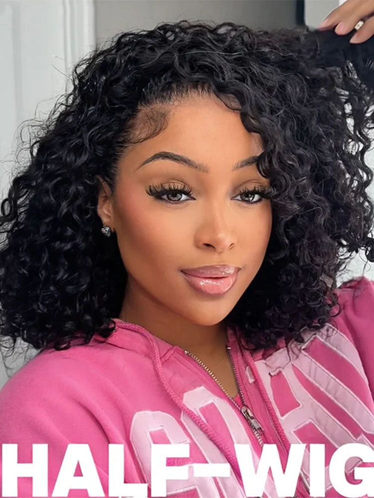 Flash Sale| 18'=$95 Glueless Kinky Curly 3 In 1 Half Wig Drawstring Band Wear Go Wig